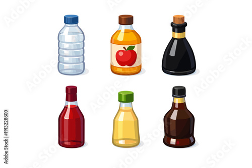 Collection of assorted liquid bottles including water, apple cider, soy sauce, and vinegar