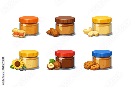 Assortment of nut and seed butter jars with ingredients and snacks