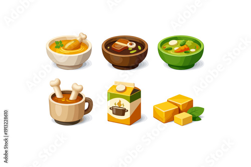 Collection of various cartoon-style broths, stocks, and bouillon cubes