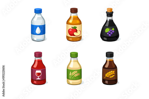 Collection of six different types of vinegar bottles with labels on white background