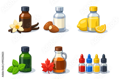 Collection of essential oils and flavorings in bottles with natural ingredients