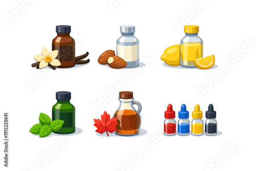 Collection of essential oils and flavorings in dropper bottles and jars