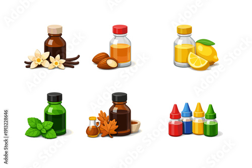 Collection of essential oils and flavorings with natural ingredients and colorful bottles