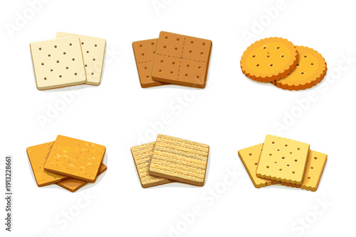 Collection of various types of crackers and biscuits on a white background