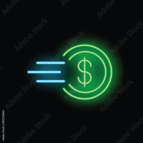 Neon sign representing fast money transfer with a dollar symbol and speed lines on a black background