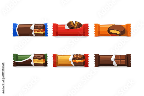 Assortment of delicious chocolate bars in colorful wrappers, some partially unwrapped