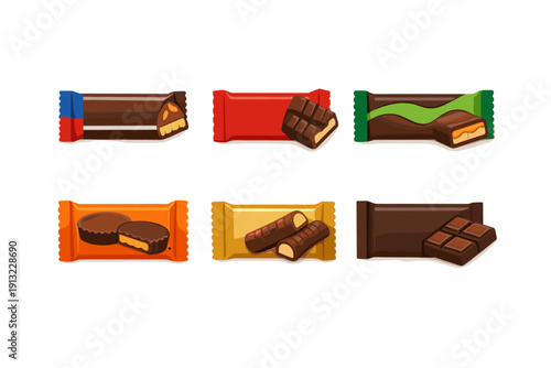 Assortment of colorful candy bar wrappers with delicious chocolate treats inside