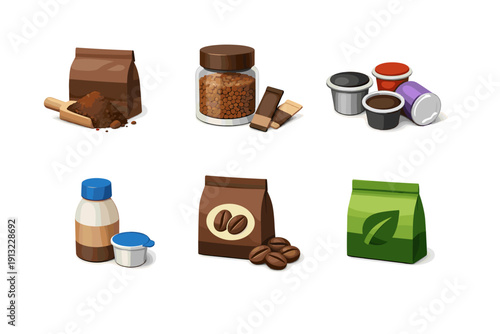Various coffee products and packaging types including beans, ground coffee, and capsules