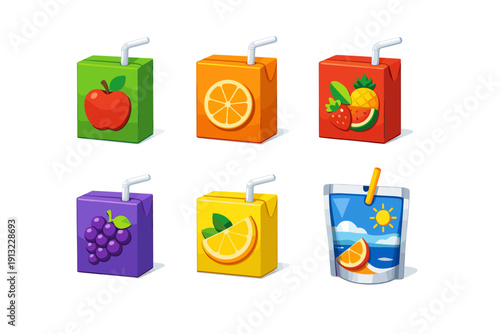Assortment of colorful juice boxes and pouches with fruit illustrations and straws