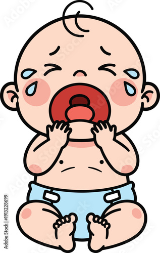 Cute Cartoon Baby Character Crying and Screaming Wearing a Blue Diaper for Infancy Newborn Healthcare Parenting Stress or Childcare Concept Vector Illustration Isolated on White