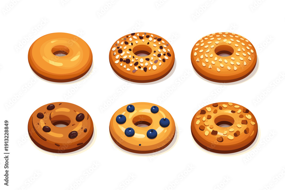 Fototapeta premium Assortment of six delicious bagels with various toppings, presented in a clean illustration