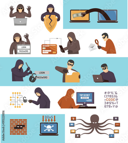 Cybersecurity and Digital Crime Illustration Set – 14 Detailed Graphics Representing Hackers, Data Theft, Phishing, and Network Security Threats