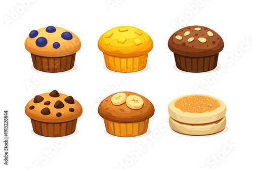 Collection of six different cartoon-style muffins and an English muffin