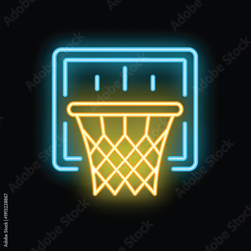 Neon basketball hoop glowing on a brick wall, a symbol of sports and competition