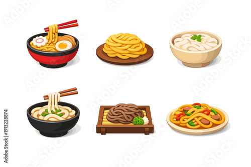 Collection of six different types of Asian noodle dishes in cartoon style
