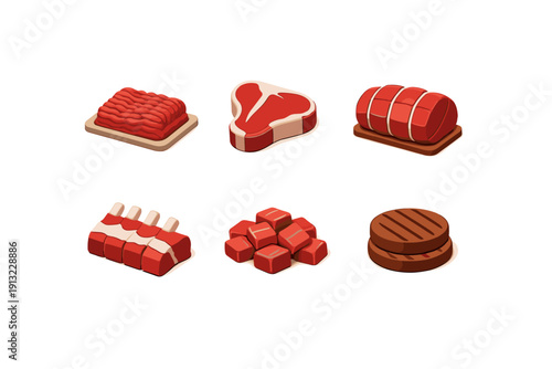 Collection of various raw meat cuts and products in a flat isometric style