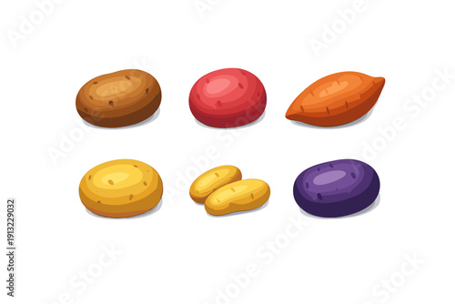 Collection of six different types of potatoes and sweet potatoes in cartoon style