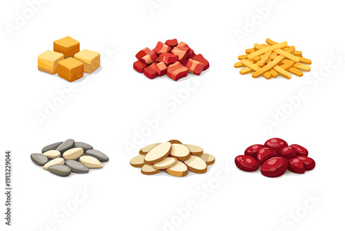 Assortment of six different food ingredients in piles, isolated on white background