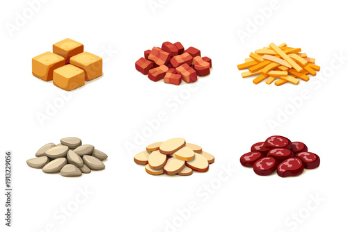Assortment of six different food ingredients piled up in small heaps