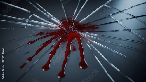 Broken glass with blood splatters on a dark blue background.
