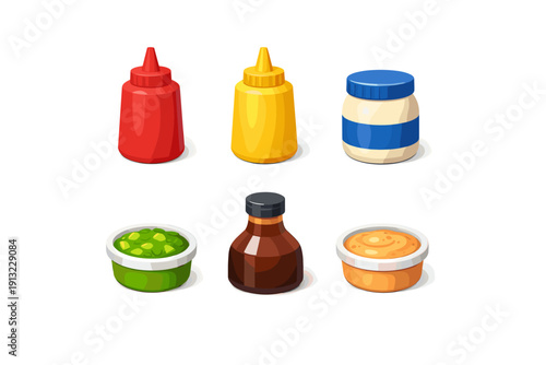 Collection of popular condiments and sauces in cartoon style