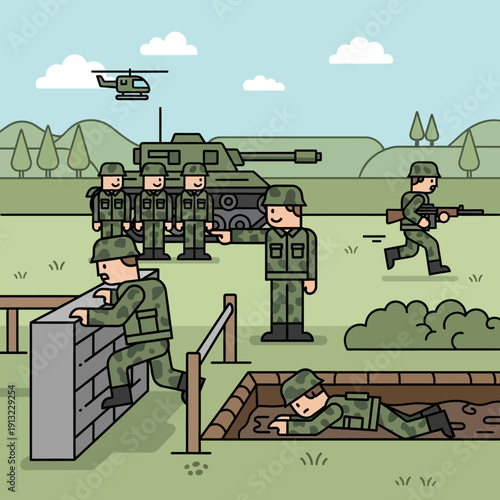 Cartoon Soldiers Training Obstacle Course with Tank and Helicopter