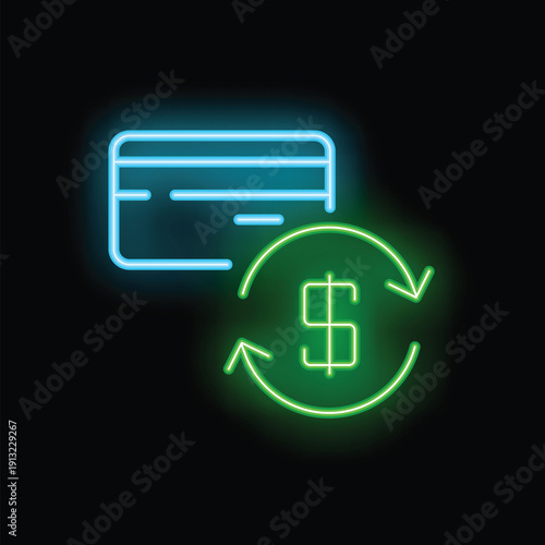 Neon sign illustrating the concept of credit card cash back reward program with blue and green lights