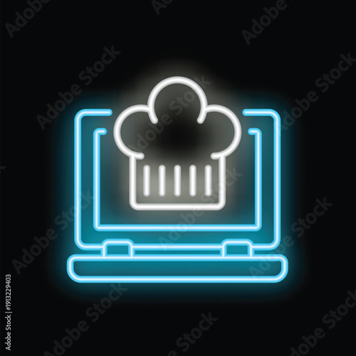 Glowing neon icon featuring a chef hat on a laptop screen, symbolizing online culinary education and digital cooking resources