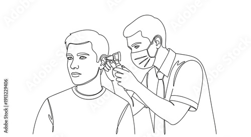A doctor wearing a mask examines a patient's ear with an otoscope during a medical check-up in a clinic.