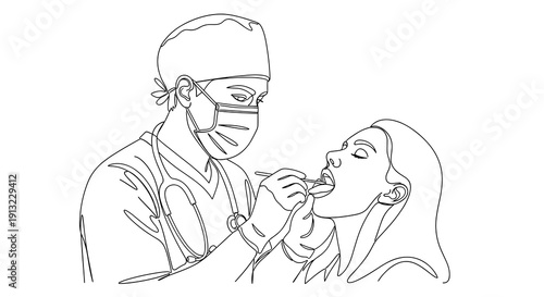 A masked doctor with a stethoscope examines a patient's throat using a tongue depressor during a medical check-up.