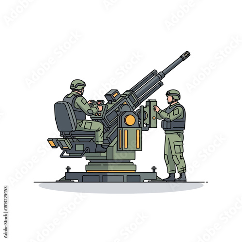 Military Defense System: Soldiers Operating Anti-Aircraft Gun