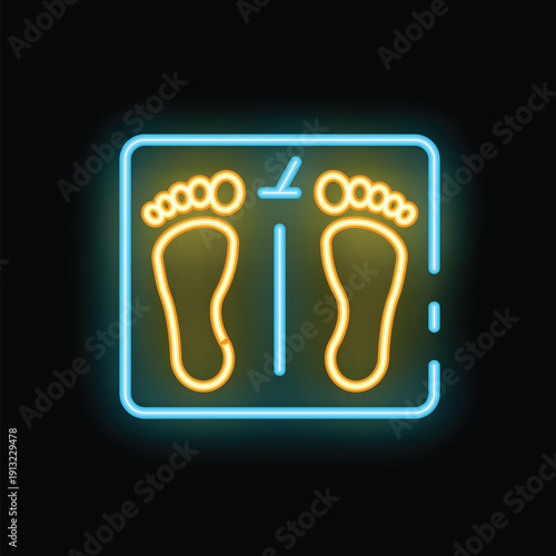 Neon bathroom scale icon glowing with foot prints for weight loss app or website