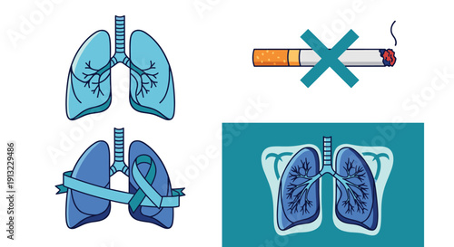Illustrations depict human lungs in different contexts, emphasizing health awareness and the dangers of smoking on a white background.