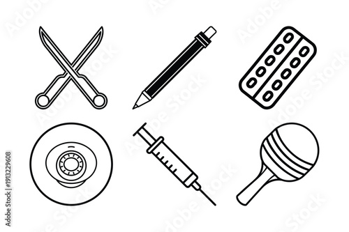 Minimalist Line Art Icon Set of Diverse Objects Including Scissors, Syringe, Pills, Pen, Security Camera, and Table Tennis Paddle - Scalable and Editable Vector Illustration
