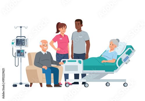A nurse and family members stand by an elderly female patient lying in a hospital bed with medical equipment nearby.