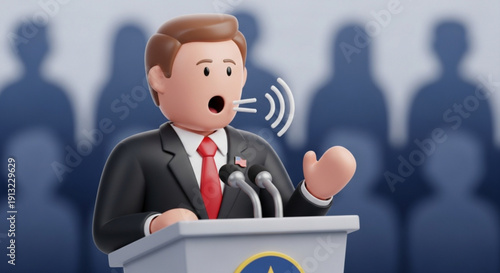 Businessman giving a speech at a podium with microphones in front of an audience