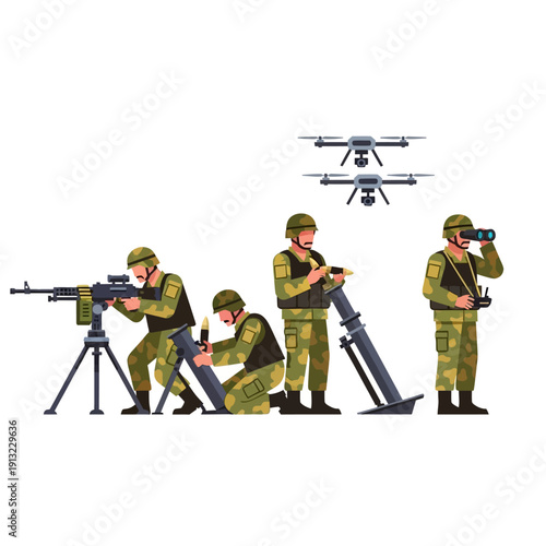 Military soldiers operating weapons, drones, and binoculars, tactical warfare illustration