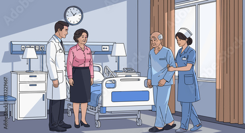 A nurse, doctor, and family member assist an elderly male patient walking next to a hospital bed in a room.