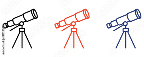 Astronomical Telescope on Tripod Icons Set for Space Discovery and Science Vector Illustration.