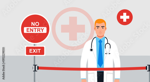 A male doctor stands in front of hospital No Entry and Exit signs with a red medical cross and barrier.