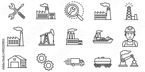 Industrial icons set with factories oil rigs trucks and workers Keywords: factory, industrial, icon, set, industry