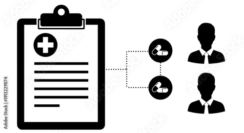 A medical clipboard with a cross is connected to pills and two patient silhouettes, illustrating medication management.