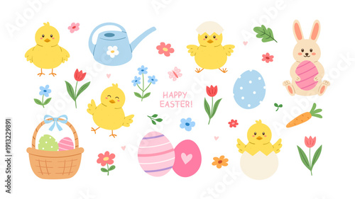 Cute Easter collection with a bunny, chickens and flowers