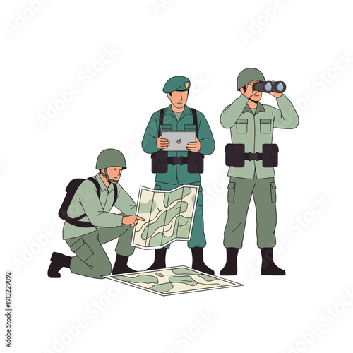 Military Team Planning Mission with Maps and Tablet