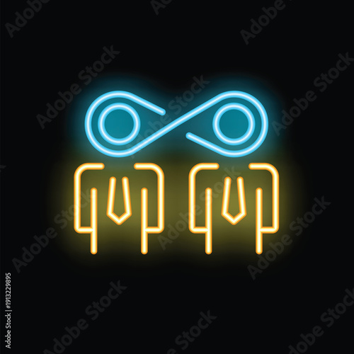 Glowing neon icon of two businessmen with infinity symbol between them representing business partnership