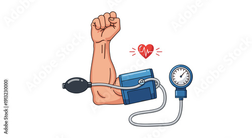 An arm with a blood pressure cuff is being measured by a sphygmomanometer next to a red heart with an electrocardiogram line.