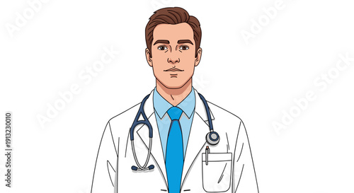 A male doctor wearing a white lab coat, blue shirt, and tie with a stethoscope around his neck looks forward.