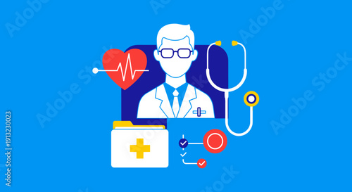 A doctor in lab coat and glasses with heart, stethoscope, and medical file icons on a vibrant blue background.