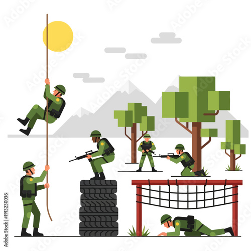 Military Training Obstacle Course: Soldiers Practice Tactics and Physical Fitness