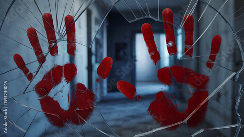 Bloody handprints on broken glass, conveying danger, violence, and horror theme.